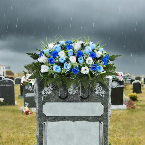 Artificial Cemetery Flowers Saddle, Grave Flowers Rose for Cemetery, Memorial Headstone Flowers Saddle for Grave Tombstone Decorations (1, Blue & White) image 4