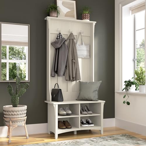 Image of Bush Home Salinas Hall Tree with Shoe Storage Bench in Antique White, Multi-Purpose Home Organizer, Entryway Solution with Seating and Hooks
