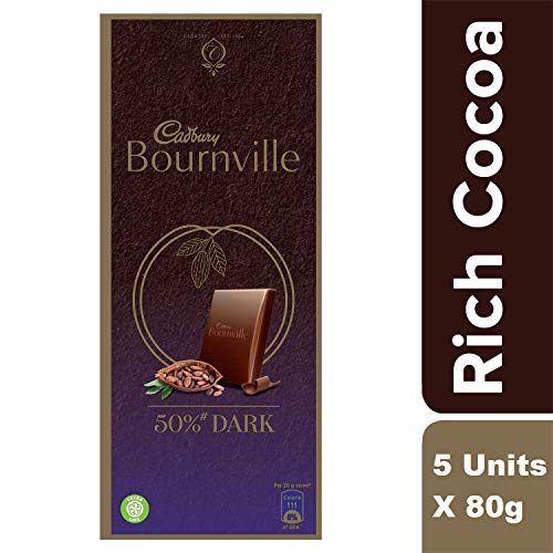Image of Cadbury Bournville Rich Cocoa Dark Chocolate Bar, 80 gm (Pack of 5) & Bournville Cranberry Dark Chocolate Bar, 80g (Pack of 5)