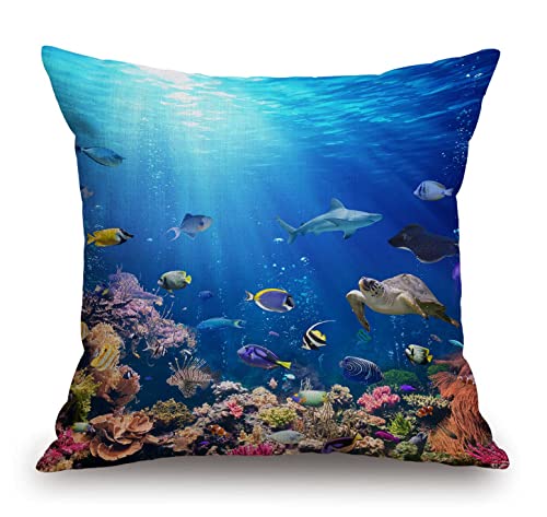 TSSOHU Underwater Scene with Coral Reef and Tropical Fish Decorative Throw Pillow Cover Case Cushion Home Living Room Bed Sofa Car Cotton Linen Square 18 x 18 Inches