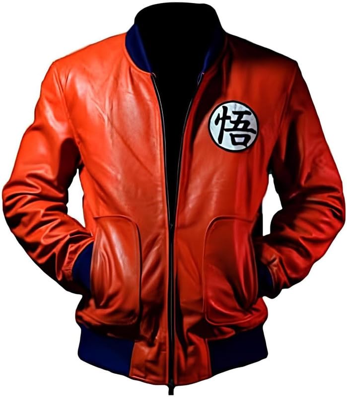 ELK ATTIRE Dragon Bomber Z Kakarot Bomber Jacket, Orange and Black, Leather Cosplay Costume, Zip Front