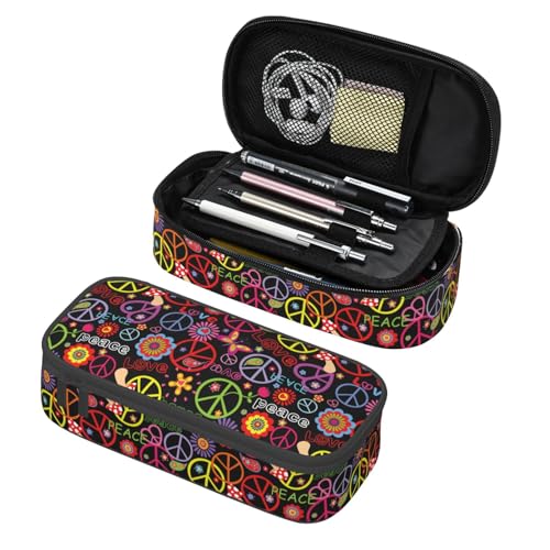 Image of Hippie Peace Sign Floral Pencil Case Organizer Big Capacity Pencil Pouch Stationery With Zipper School Supplies Pencil Bag For Girls Boys Office