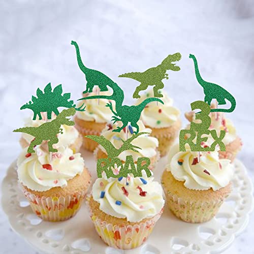 24 Pack Dinosaur Cupcake Toppers Glitter 3 Rex Roar Dinosaur Cupcake Picks Three Years Old Dino Theme Baby Shower Third Birthday Party Cake Decorations Supplies Green #TOP6