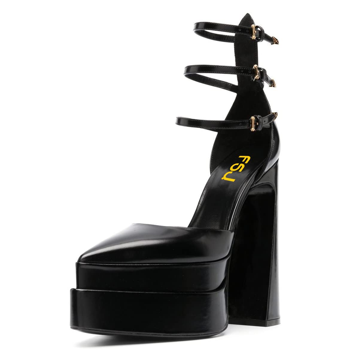 FSJ Women Classic Platform Pointed Toe Sandals Chunky High Heel Ankle Strap Buckle Casual Walking Ladies Shoes Size 4-15 US