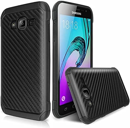 Galaxy J3/J3V/Sol/Sky Case, Amp Prime Case, Express Prime Case with TJS Tempered Glass Screen Protector, Hybrid Carbon Fiber Shockproof Armor Case Cover (Black)