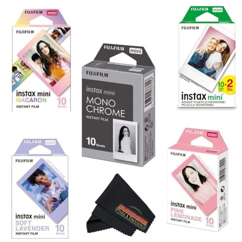 Fujifilm Instax Mini Film Variety Pack – 5 Unique Styles for Instax Cameras (Macaron, Monochrome, Standard Twin Pack, Lavender, Pink Lemonade) – 60 Sheets Total + Sunshine Photo Cleaning Cloth...