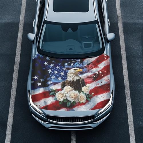 Image of Bald Eagle Flower USA Flag Car Hood Cover Protector 59x39 Inch Stretchable Auto Hood Wrap Blankets Waterproof Sun Proof Auto Patriotic Decorations for SUV Sedans Trucks