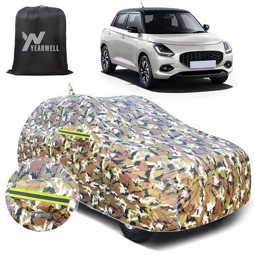 Image of Car Body Cover for Maruti Swift 2024, 100% Waterproof with Mirror & Antenna Pockets, Military Print Design, UV & Dust Protection, Triple Stitched, Sky Piping & Reflector (Jungle Print)