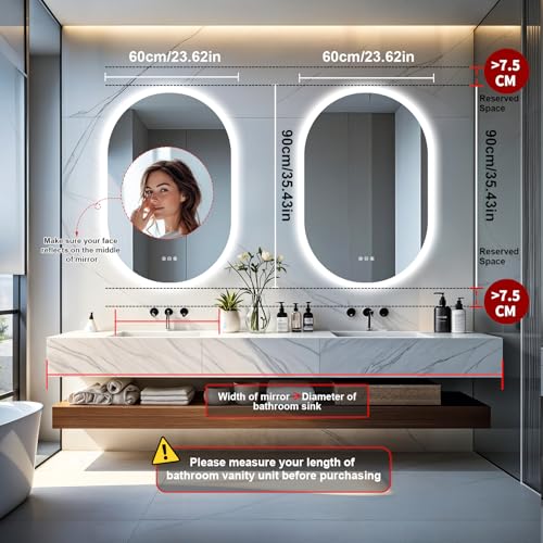 LUVODI owalne lustro łazienkowe: 90x60cm Lustro ścienne LED z podświetleniem Lustro przeciwmgielne Lustra toaletowe 3 Dotykowe