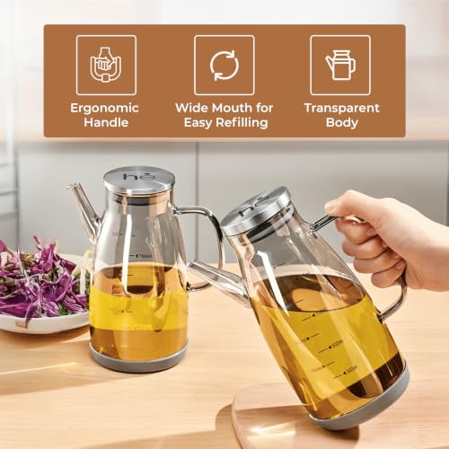 Image of HomeEssentials Glass Oil Dispenser Bottle with Measurement Markings | Auto Flip Lid Cruet with Non-Slip Handle | Leakproof & Drip-Free Oil and Vinegar Pourer for Kitchen Cooking