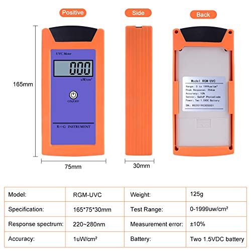 RCYAGO RGM-UVC Reptile UV Radiation Meter 1uw/cm2 High Precision UV Illuminance Meter UVC Luminosity Measurement Tool with LCD Digital Display