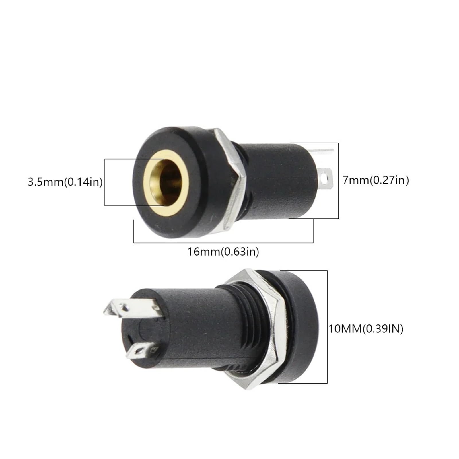 PJ392A Lot de 10 prises jack audio 3,5 mm à 3 pôles Noir Stéréo Montage sur panneau Doré avec écrous PJ-392A