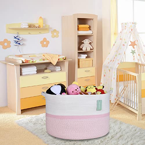 Image of Cotton Rope Basket for Girls Kids, 87L Laundry Hamper, White & Pink
