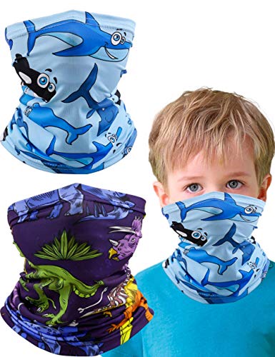 2 Pcs Kids Neck Gaiter Balaclava, Summer Face Cover Bandana, Mask Toddler Half Face Protective Reusable Infinity Scarf, Gifts for Girls Boys, Baby Headwear For Fishing,Hiking Dinosaur Shark