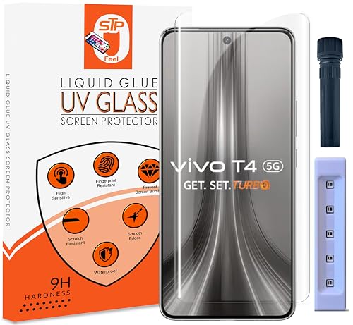 Image of UV Advanced Tempered Glass Screen Protector Guard Compatible For Vivo T4 5G (6.77 Inch, Pack of 1) Full Adhesive UV Curved Case Friendly HD Clarity with easy installation kit for Smartphone
