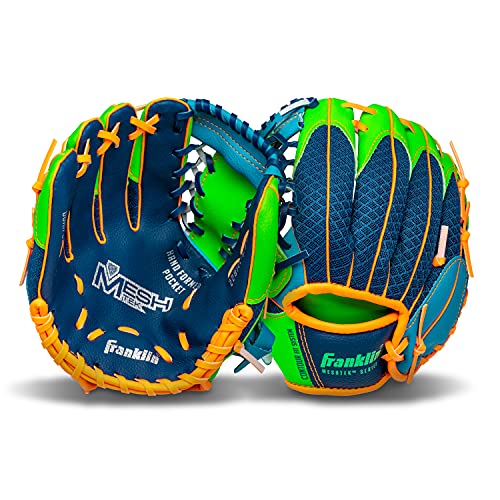 Franklin Sports Kids Baseball Gloves - Meshtek Child's Tball Glove + Ball Set - Boys + Girls Teeball Mitt Set - Kids + Toddler Left Hand Throw - 9.5", Navy/Lime/Orange #TOP5