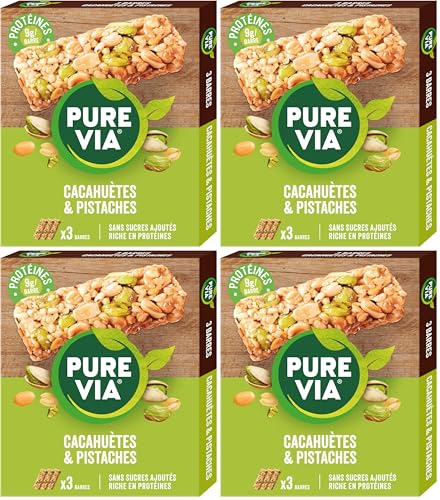 Pure Via Barres de Céréales Cacahuètes & Pistaches – Riches en Fibres et Protéines - Sans Gluten et sans sucre Ajouté | 3 X 35g (Lot de 4)