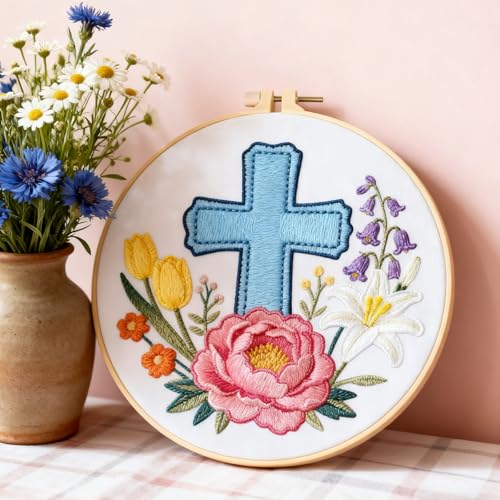 Image of BEUNITONE 4Set Cross and Flowers Pattern Embroidery Kit for Adult Beginners | DIY Cross Stitch Kits, Complete Needlepoint Kits for Adults, Handmade Embroidery for Gifts, Fabric and Home Decor 20x20cm