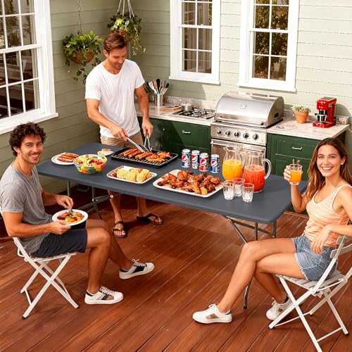 Image of FDW 6 FT Folding Table, Portable Plastic Table with Carrying Handle Perfect for Indoor, Outdoor, Party, Dining, Wedding, Events, Camping, Grey