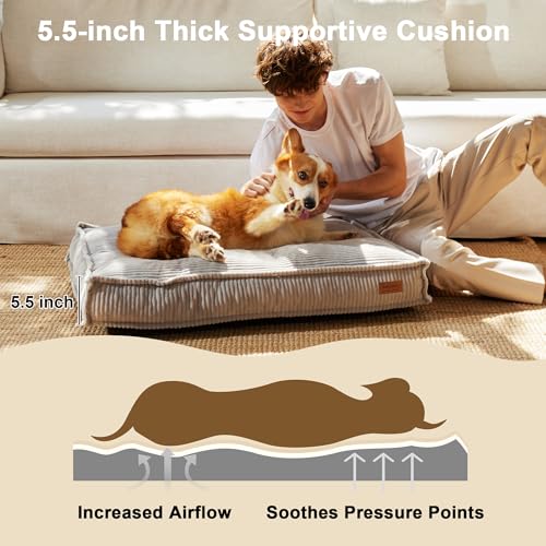 FUKUMARU Dog Bed, Thickened Corduroy Dog Beds Mat with Washable Cover, Large Waterproof Cotton Dogs Bed for Crate, Cozy Fluffy Pet Pillow Beds Kennel Pad with Non-Slip Bottom, 36inch, Light Grey - Image 4