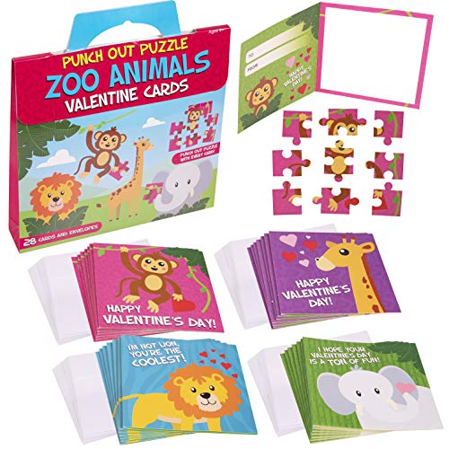 Valentine's Cards For Kids | Zoo Animal Punch Out Puzzle Valentines Cards For Kids | Classroom Valentine Cards Fun For Boys & Girls