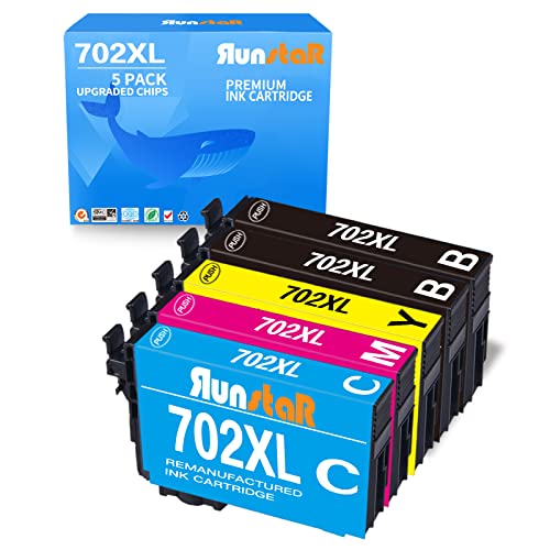 Run Star Remanufactured 5 Pack 702XL Black Ink Cartridge Replacement for Epson T702XL 702 XL T702XL120 for Epson Workforce Pro WF-3720 WF-3733 WF-3730 All-in-One Printer (2Black/Cyan/Magenta/Yellow)