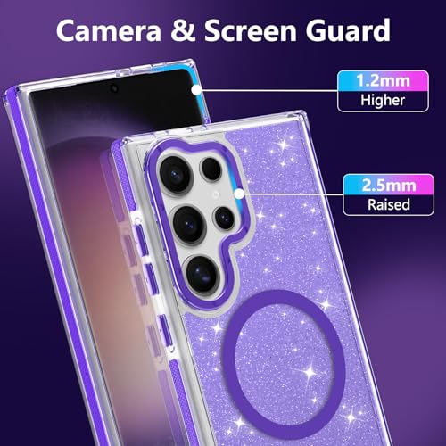 Image of Magnetic Case for Samsung Galaxy S23 Ultra [Compatible with Magsafe] [Bling Glitter Fluorescent Design] [1 Screen Protector] Slim Translucent Matte Case for Galaxy S23 Ultra 6.8 inch, Purple