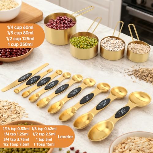 13pcs Gold Stainless Steel Measuring Cups and Spoons Set, 8 Double-Sided Magnetic Measuring Spoons & 4 Metal Measure Cups & 1 Leveler for Liquid Dry Ingredients Cooking Baking(COLOR:Gold) by Quivorant - Image 8