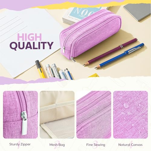Image of Large Capacity Pencil Case Pencil Pouch Pen Bag with 3 Compartment Stationery Organizer with Zipper, School Supplies Organizer for Teen Adults (Purple)