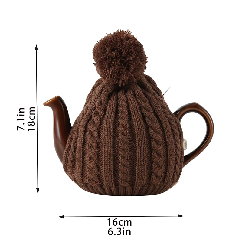 Image of One-Piece Cable Knit Teapot Cozy with Pom Pom Top, Acrylic Insulated Tea Pot Cover with 2 Button Fasteners & Lid Opening, British Style Hot Cold Insulator for 2 Cup 15-20oz Teapots,brown