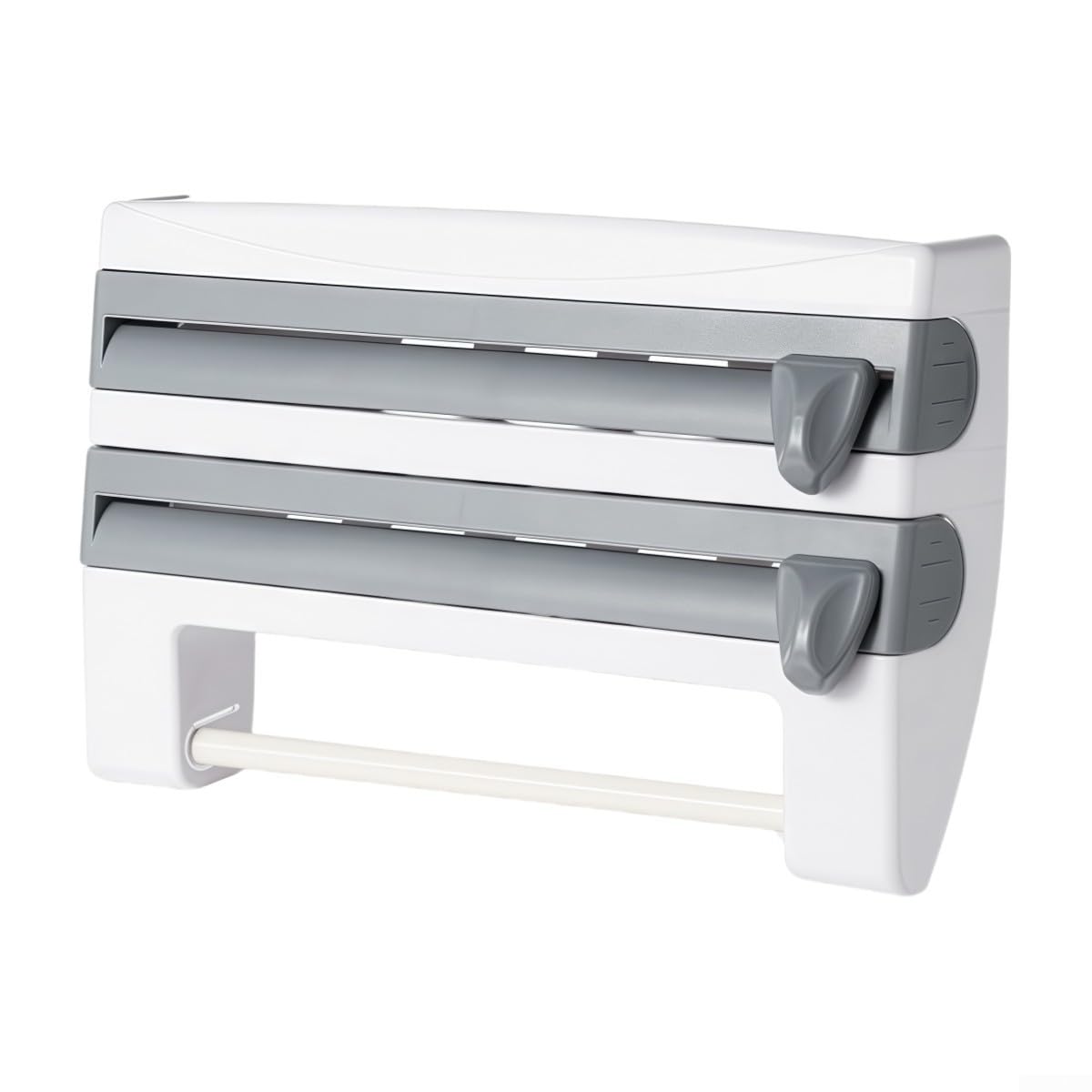 Soporte de papel de aluminio de diseño compacto, envoltura y toalla de papel con tobogán de corte seguro para cocinas (blanco)
