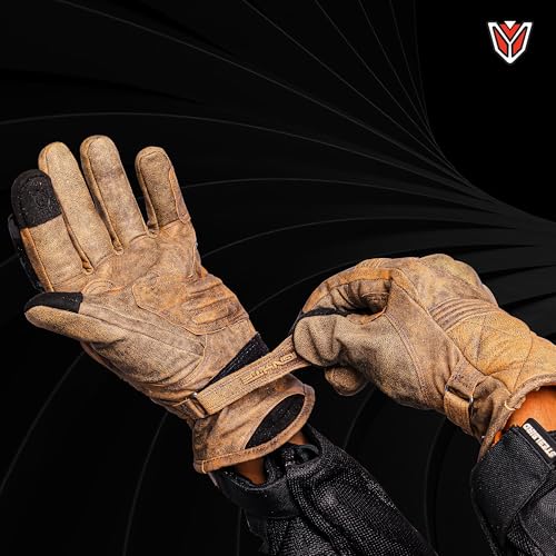 Image of Ignyte Streak Leather Gloves Full Finger Waterproof Bike Riding Gloves with Touch Screen Sensitivity at Thumb and Index Finger, Protective Off-Road Motorbike Racing (M, Brown)