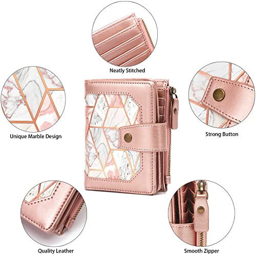 Image of Women's RFID Blocking Wallet Leather Small Compact Bi-fold Zipper Pocket Wallet Card Case Purse,Gold Pink Marble