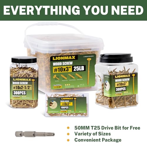 Image of LIONMAX Deck Screws 3-1 /2 Inch, Wood Screws #10 x 3-1 /2 inch, 50 PCS, Rust Resistant, Exterior Epoxy Coated, Outdoor Decking Screws, Torx /Star Drive Head Deck Screw, T25 Star Bit Included, Tan