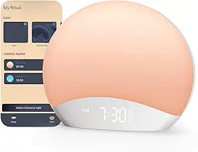 REACHER Relógio despertador inteligente R7APP com controle de aplicativo, rotinas personalizadas de despertar e dormir - várias cores do nascer do sol, máquina de som de ruído branco, visor regulável