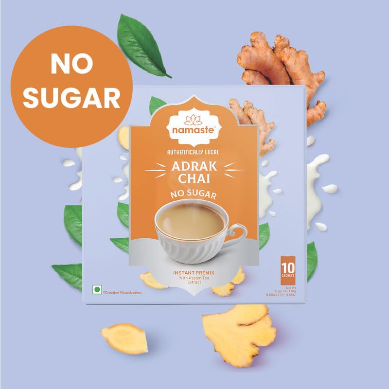 Image of Namaste Chai Ginger Tea Premix Without Sugar | Adrak Chai Instant Tea Premix | No Sugar Instant Tea Premix Sachets | Instant Adrak Chai Powder | Ginger Tea Ready Mix | 11g x 10 Sachets | Pack of 3