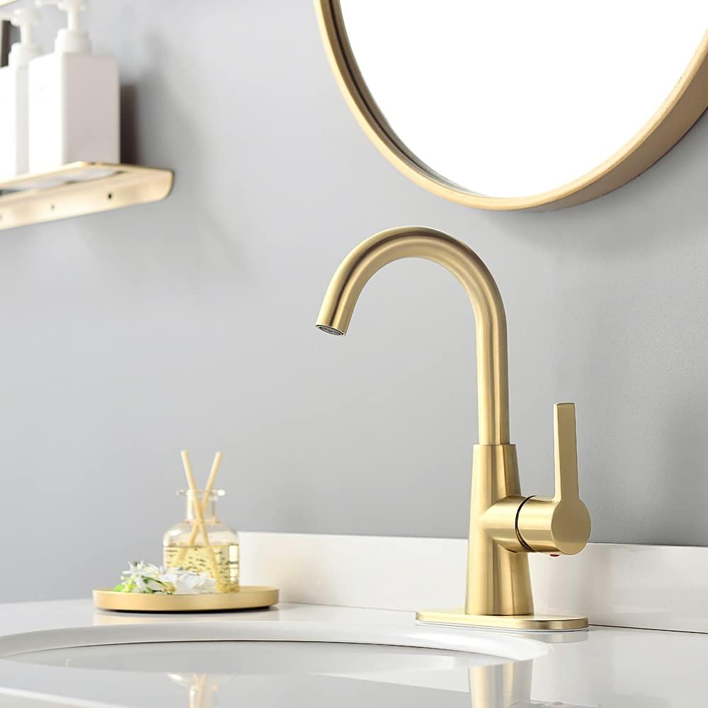 Brushed Gold Single-Handle 4 Inch Centrest Bathroom Sink Faucet with Deck Plate and Supply Hoses, Bar Sink Faucet/Pre-Kitchen Sink Faucet with 360 Degree Rotation Spout by phiestina, WE10-BG