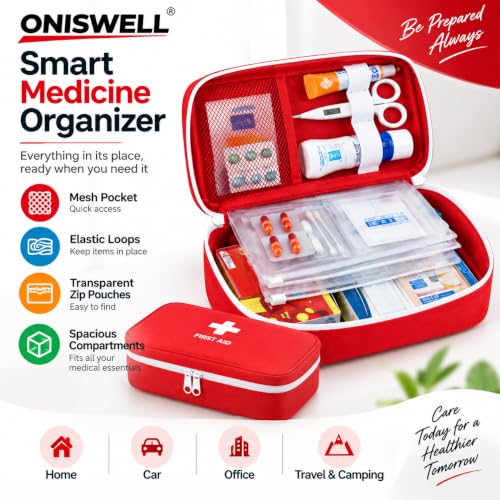 Image of First Aid Bag Empty Medicine Storage Organizer with Handle | Large Medical Kit Pouch with Mesh Pocket, Elastic Loops & Spacious Compartments | EVA Case for Home, Car, Office, Travel & Camping