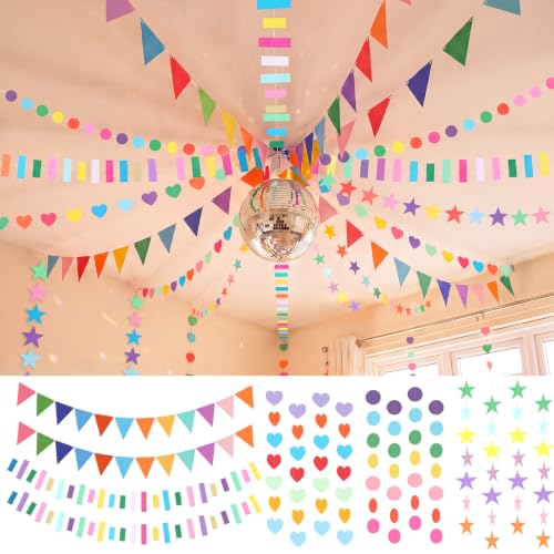 Tiamon 12 Pcs Rainbow Paper Garland Party Streamer Banner, Varicolored
