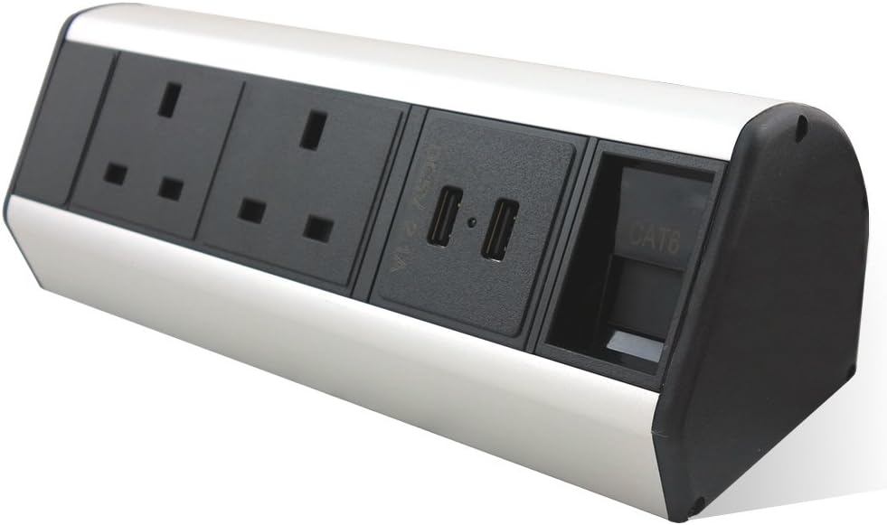 LMS Desktop Bench Mountable PDU 2 x UK Sockets & 2 x USB And 1 x RJ45 Ethernet Ports Clamp Type Power Pod (2W-2U-RJ45)