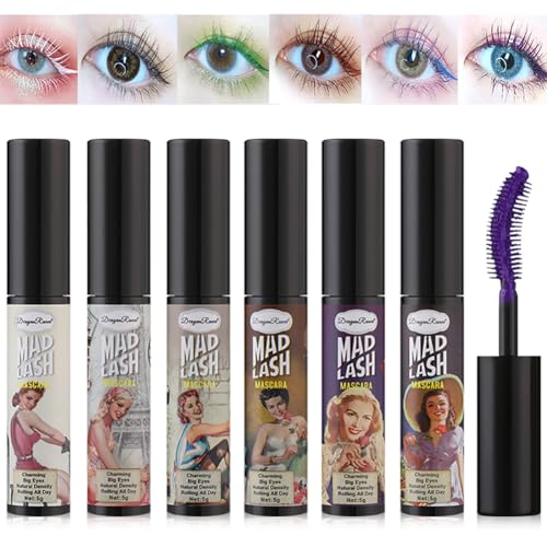 6 Stück voluminöse farbige Wimperntusche, üppiges Volumen, intensive Länge, federleichte, weiche, volle Wimpern, kein Abblättern, kein Verklumpen, hypoallergene Formel, wischfestes Wimpernmascara
