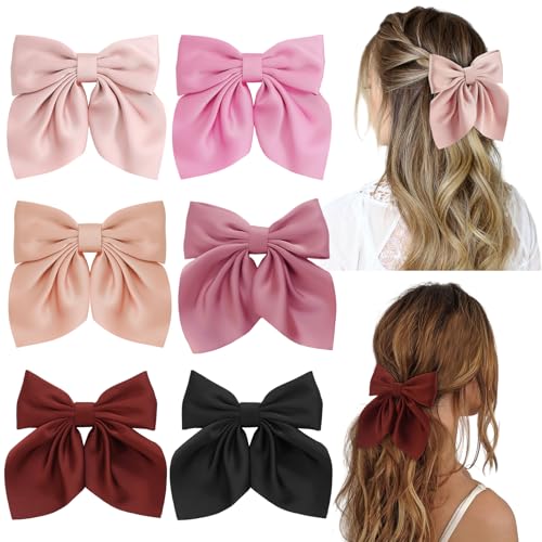 Seiolieliou 6Pcs Hair Bows for Women, Silky Satin Bow Hair Clips for Girls