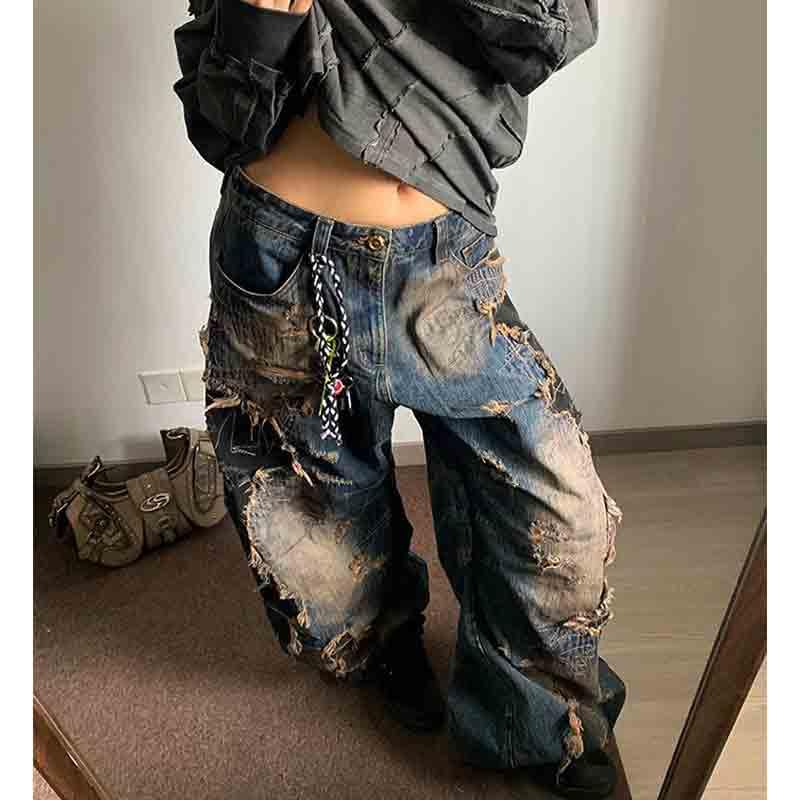 BXCNCKD Women's Retro Washed Patchwork Fringed Jeans with Spicy Style and Loose Wide Leg Pants2