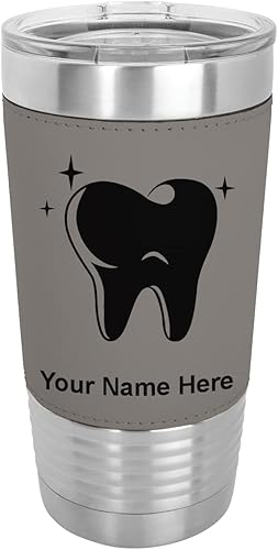 LaserGram Vaso aislado al vacío de 20 onzas dientes grabado personalizado incluido piel sintética gris