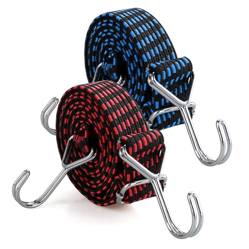 2 Pezzi Corde Elastiche con Gancio, 2M Regolabili piatte Elastici con Ganci Tenditori, Extra forti Elastico Tenditori per Campeggio, Automobili, Giardinaggio, Carico Pesante