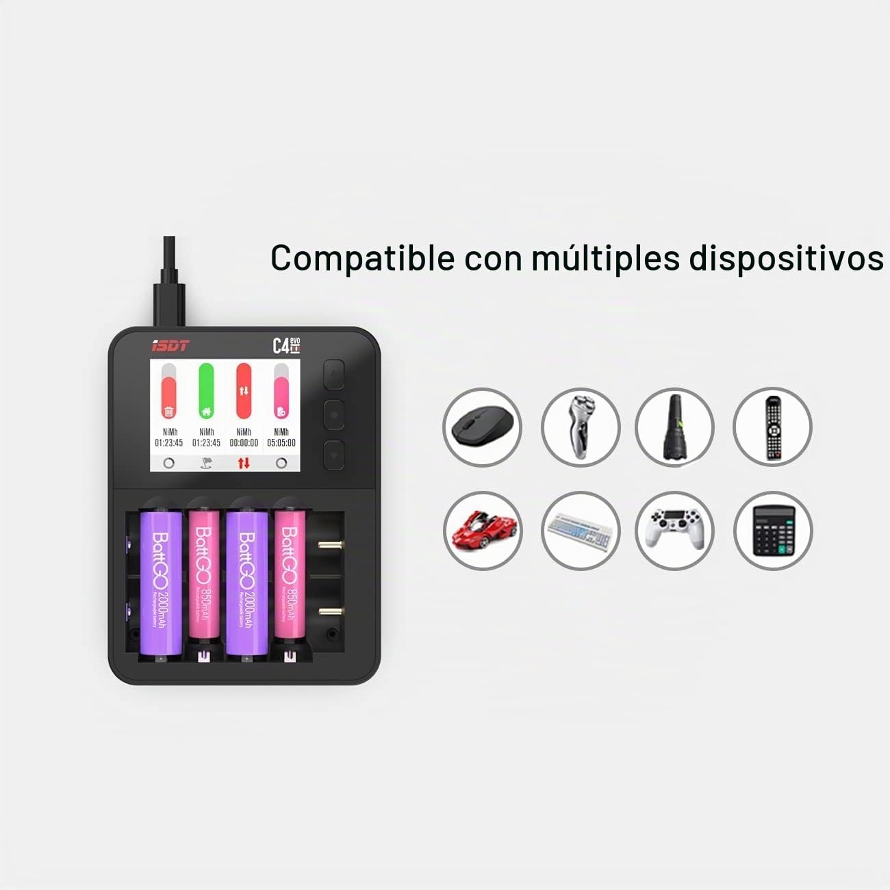 ISDT C4 EVO - Cargador de Pilas AA/AAA NiMH NI-CD Li-Ion, LiHv y LiFePO4 18650 18700 26650, para Pilas Recargables, para Carga y Descarga, Carga rápida + Tipo C, QC 3.0