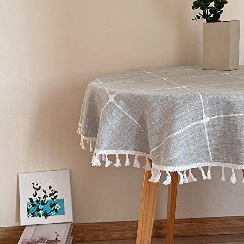 Hpxrom Round Lattice Small Tablecloth Cotton Linen Grey Dust-Proof Washable Boho Embroidery Table Cover Rustic Table Cloth for Coffee Party Kitchen Dining Tabletop Decoration 36 Inch