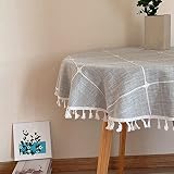 Hpxrom Round Lattice Small Tablecloth Cotton Linen Grey Dust-Proof Washable Boho Embroidery Table Co