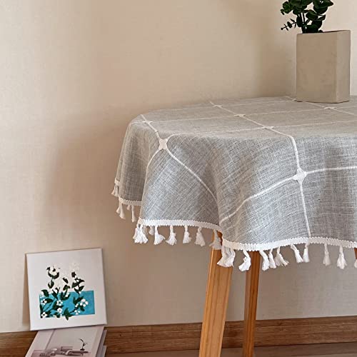 Hpxrom Lattice Rustic Farmhouse Round Tablecloth Cotton Linen Grey Dust-Proof Washable Boho Embroidery Table Cover Heavy Weight Table Cloth for Party Kitchen Dining Tabletop Decoration 48 Inch by Hpxrom - Used condition - US$15.87