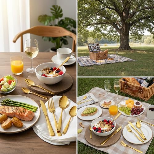 Image of 15 Pcs Gold Cutlery Set for Dining Table the Perfect Mirror Polish Hevy Duty Tableware Including Dinner Spoon, Dinner Fork, Dinner Knife, Dessert Spoon & Dessert Fork